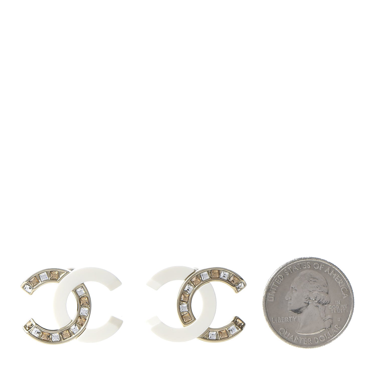 Chanel Resin Crystal Baguette CC Earrings Gold White 2 of 5