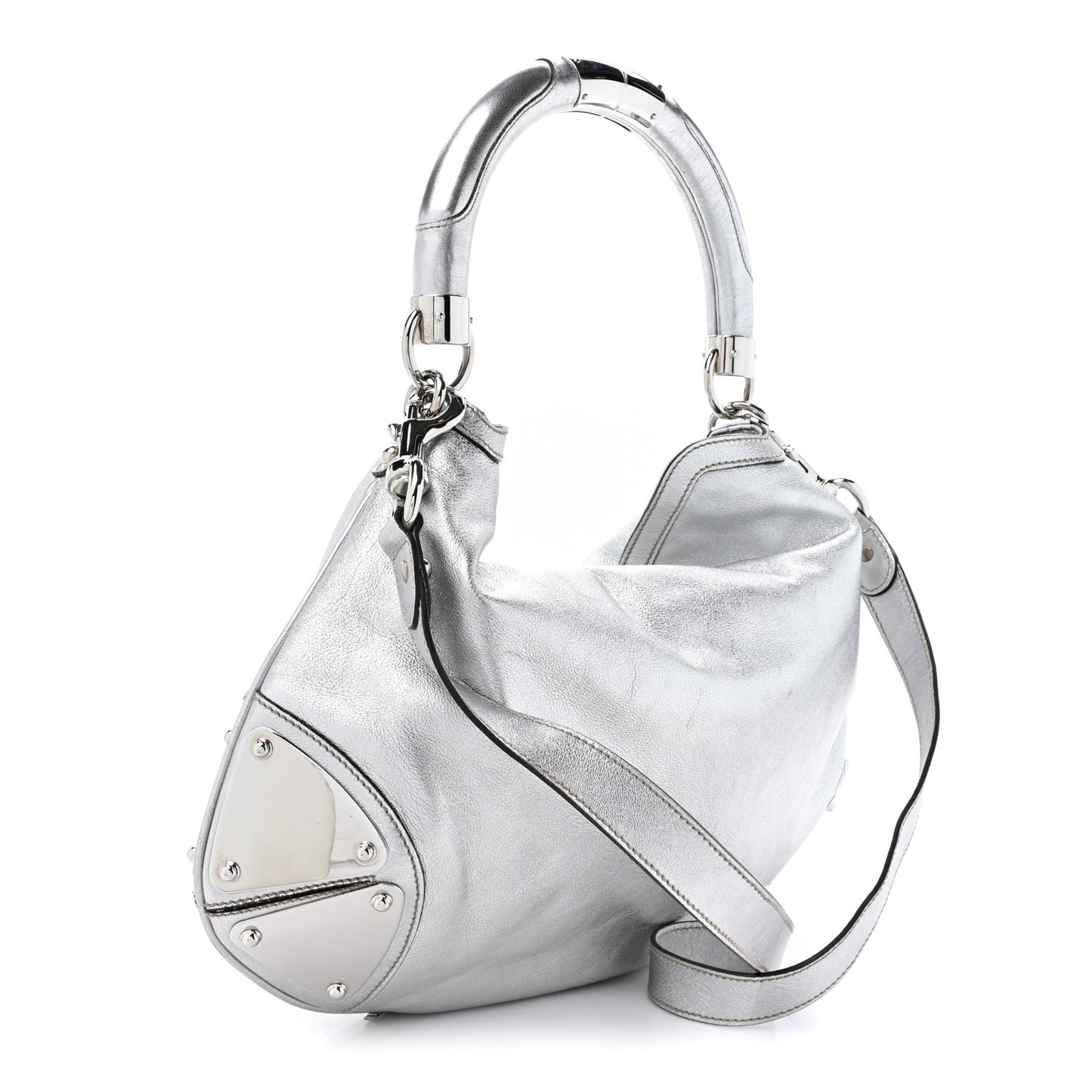 Metallic Calfskin Medium Indy Top Handle Hobo Silver