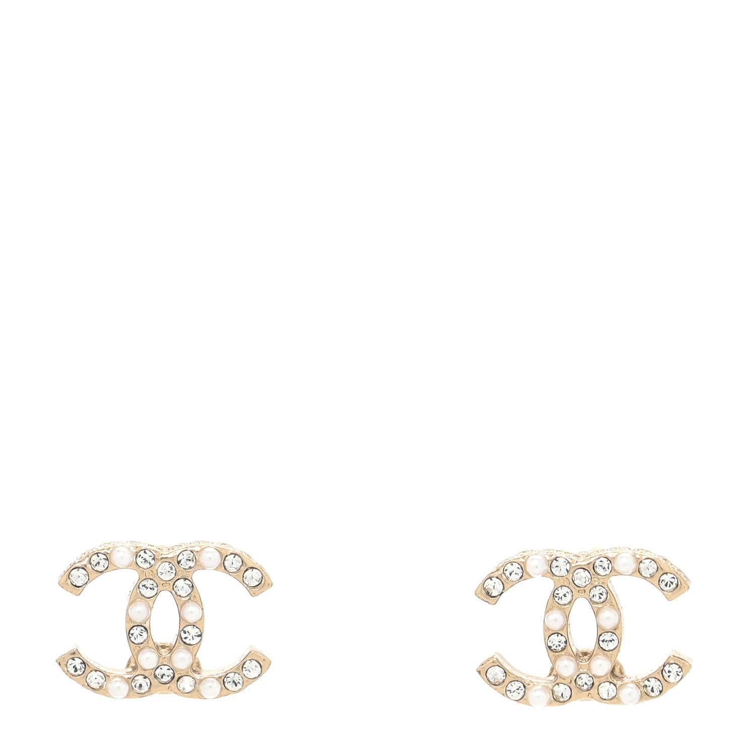 Chanel Pearl Crystal CC Charms Stud Earrings Light Gold 1 of 4