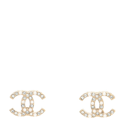 Chanel Pearl Crystal CC Charms Stud Earrings Light Gold 1 of 4