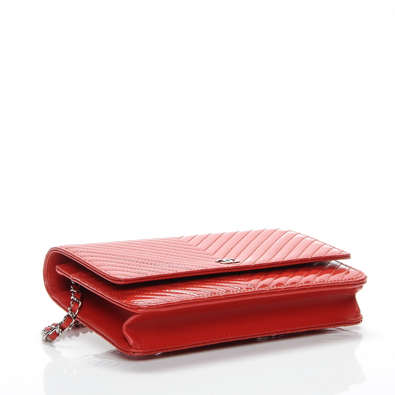 Chanel Patent Calfskin Chevron Quilted Wallet On Chain WOC Red 4 of 8
