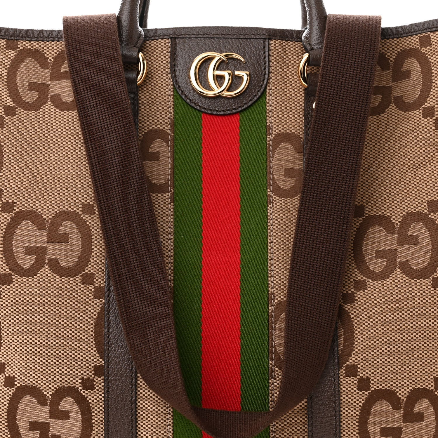 Gucci Monogram Jumbo GG Textured Dollar Calfskin Web Medium Ophidia Shopping Tote Camel Ebony 8 of 10