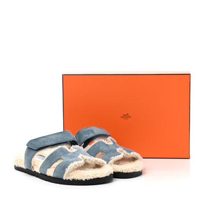 Hermes Suede Goatskin Woolskin Womens Chypre Sandals 39 Bleu Pinede Ecru 10 of 10