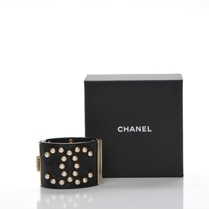 Chanel Lambskin Calfskin Pearl CC Cuff Bracelet Black Gold 8 of 8