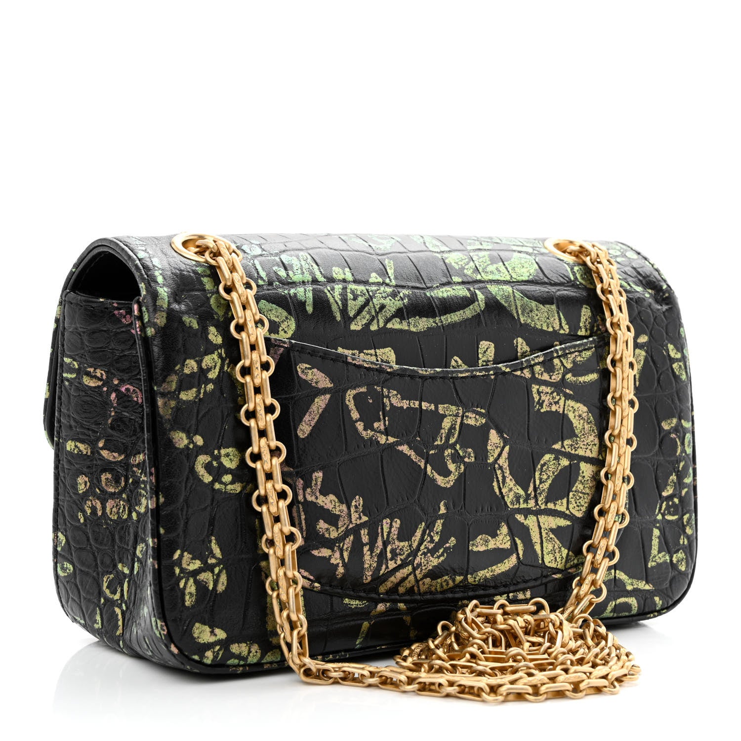 Chanel Calfskin Crocodile Embossed Graffiti 2.55 Mini Cocodile Reissue Flap Black Gold 3 of 11