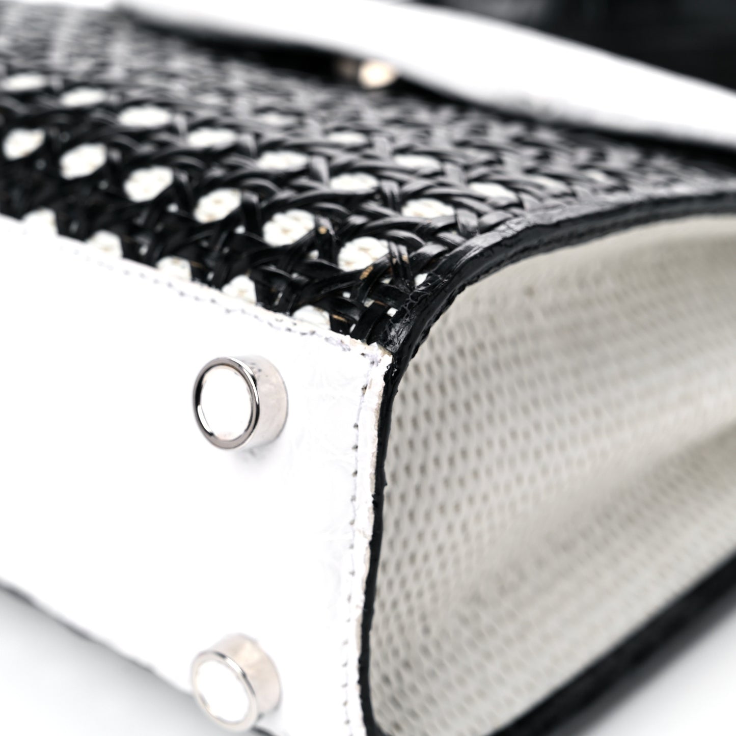 Crocodile Woven Top Handle Bag White Black