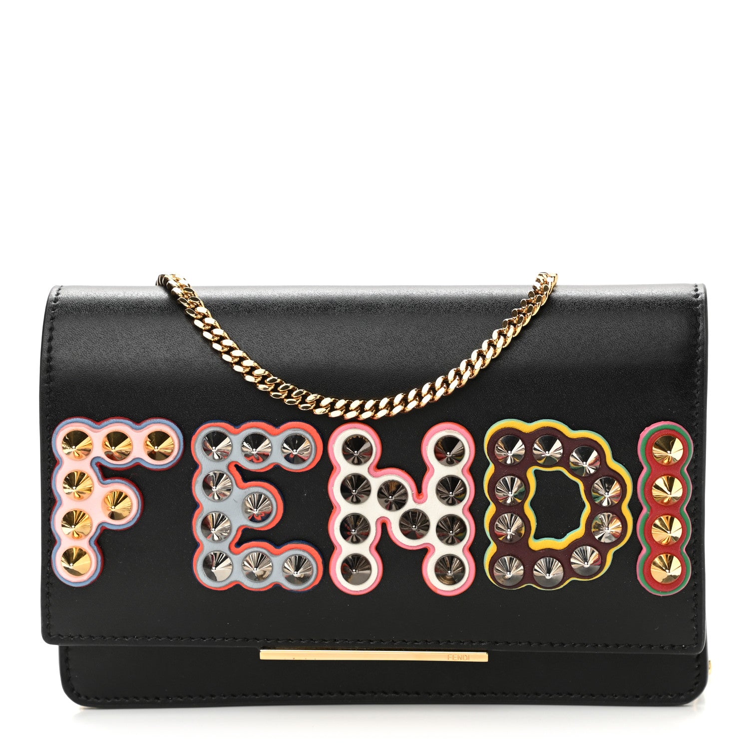 Fendi Vitello Liberty Fun Fair Metal Studded Tube Wallet on Chain Black Multicolor 1 of 10