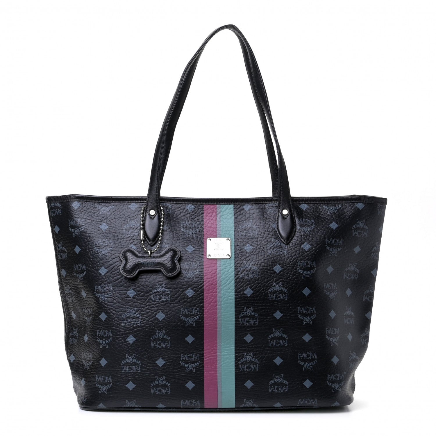 MCM Visetos Dog Bone Striped Shopper Tote Black 1 of 7