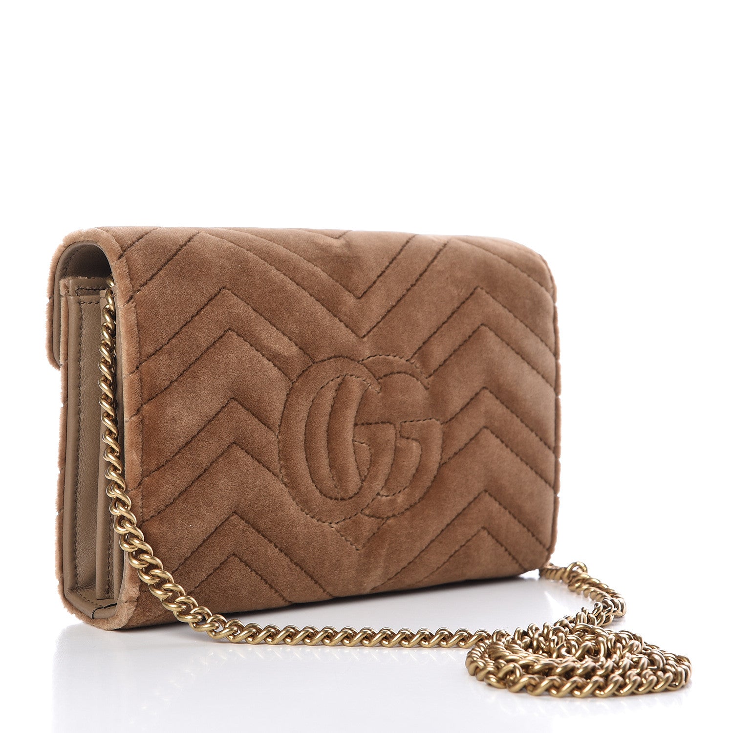 Gucci Velvet Matelasse GG Marmont Chain Wallet Taupe 3 of 11