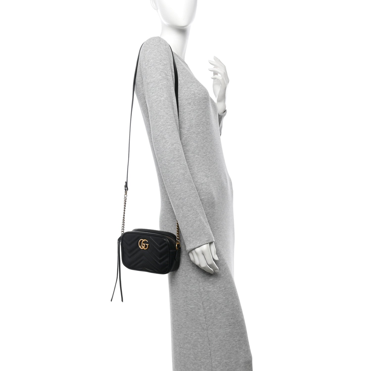 Gucci Calfskin Matelasse Mini GG Marmont Chain Shoulder Bag Black 2 of 14