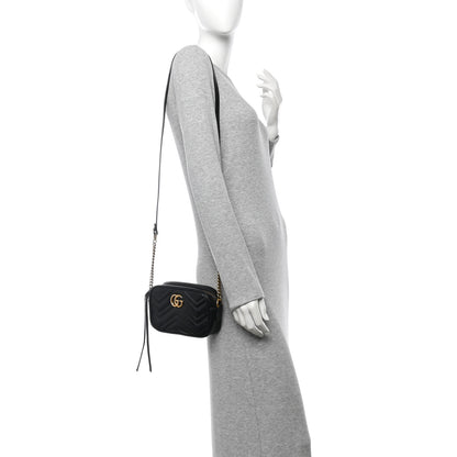 Gucci Calfskin Matelasse Mini GG Marmont Chain Shoulder Bag Black 2 of 14