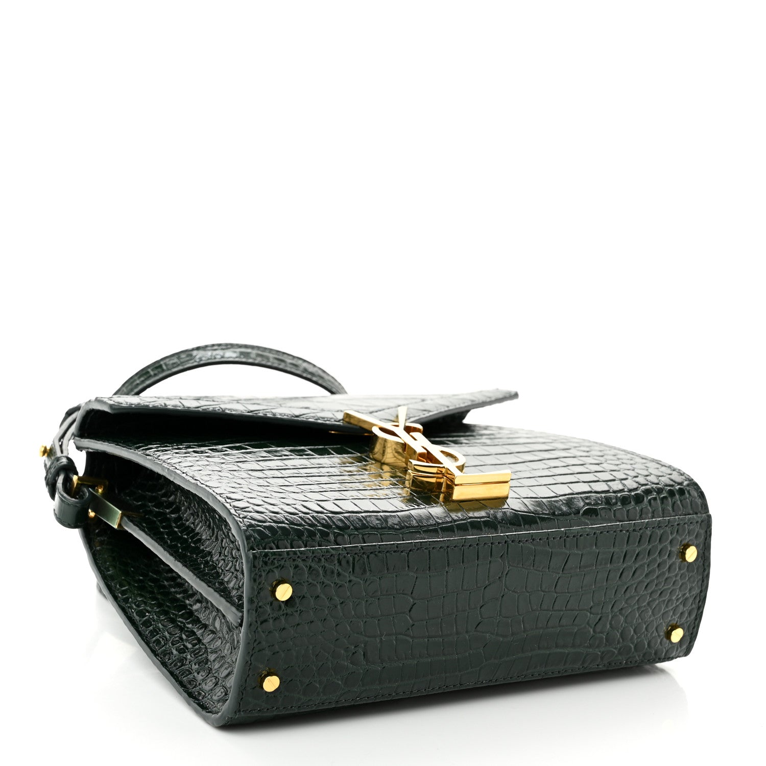 Saint Laurent Calfskin Crocodile Embossed Mini Classic Monogram Cassandra Top Handle Green 4 of 10