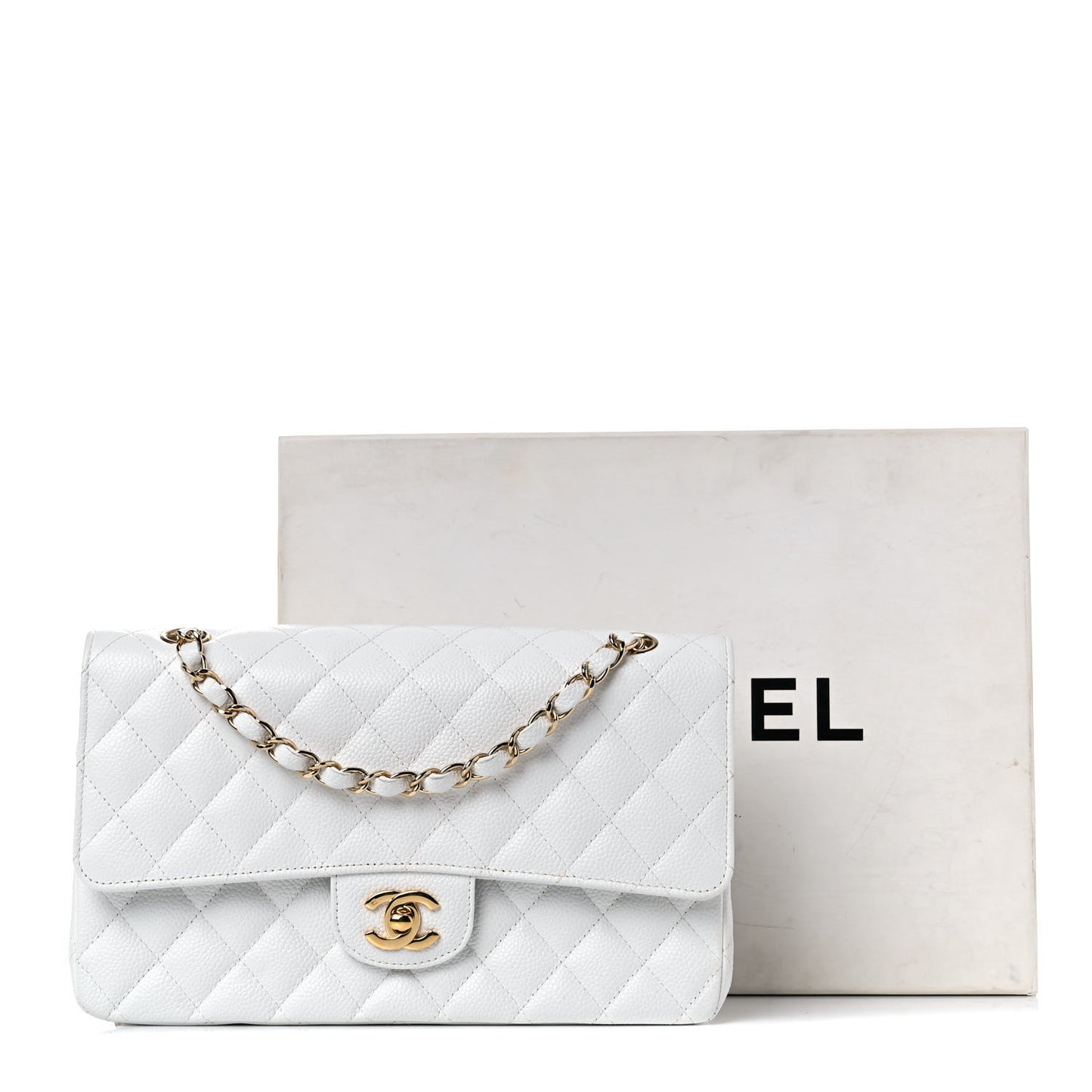 Caviar Quilted Medium Double Flap White