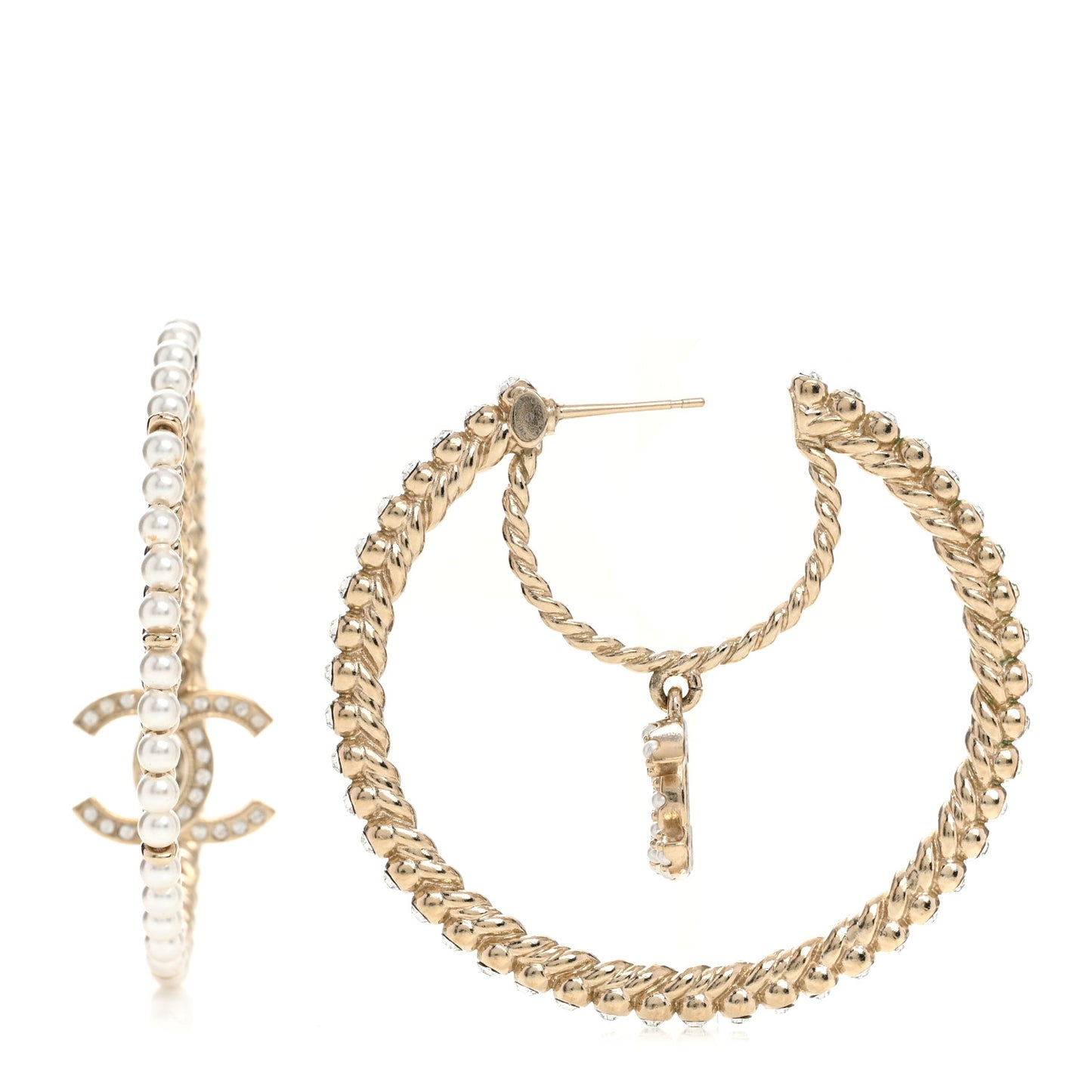 Crystal Pearl CC Drop Hoop Earrings Gold Pearly White
