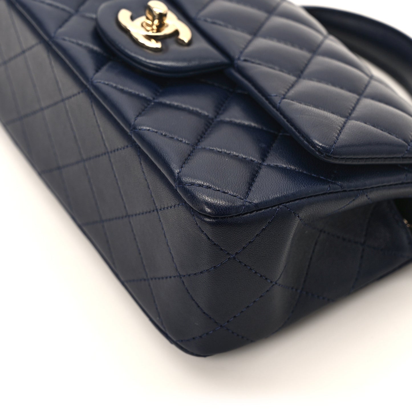 Lambskin Quilted Mini Top Handle Rectangular Flap Navy Blue