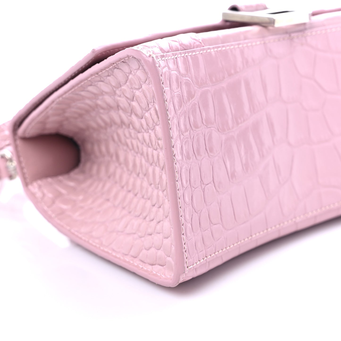 Shiny Calfskin Crocodile Embossed Small Hourglass Top Handle Bag Powder Pink