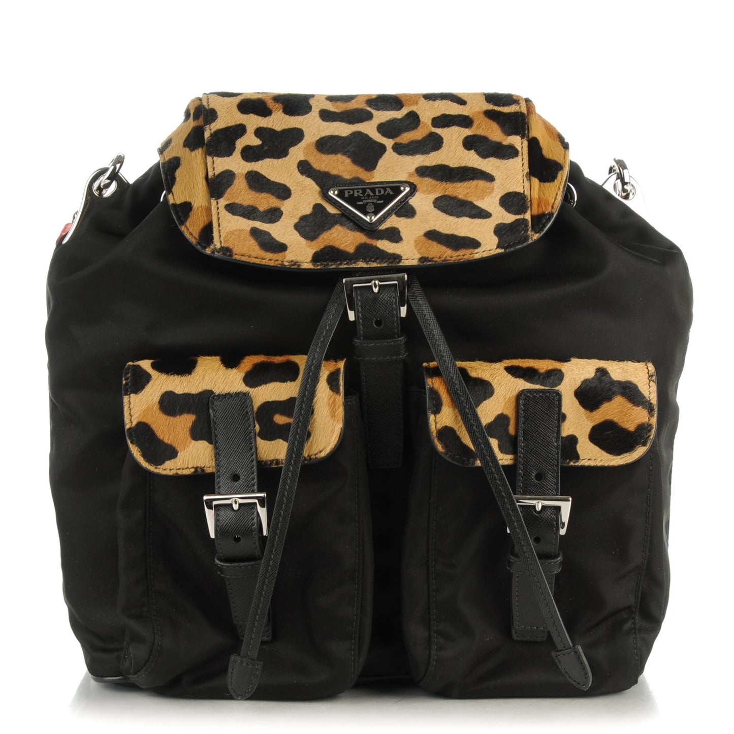 Nylon Cavallino Leopard Print Shoulder Bag Black Miele Rosso