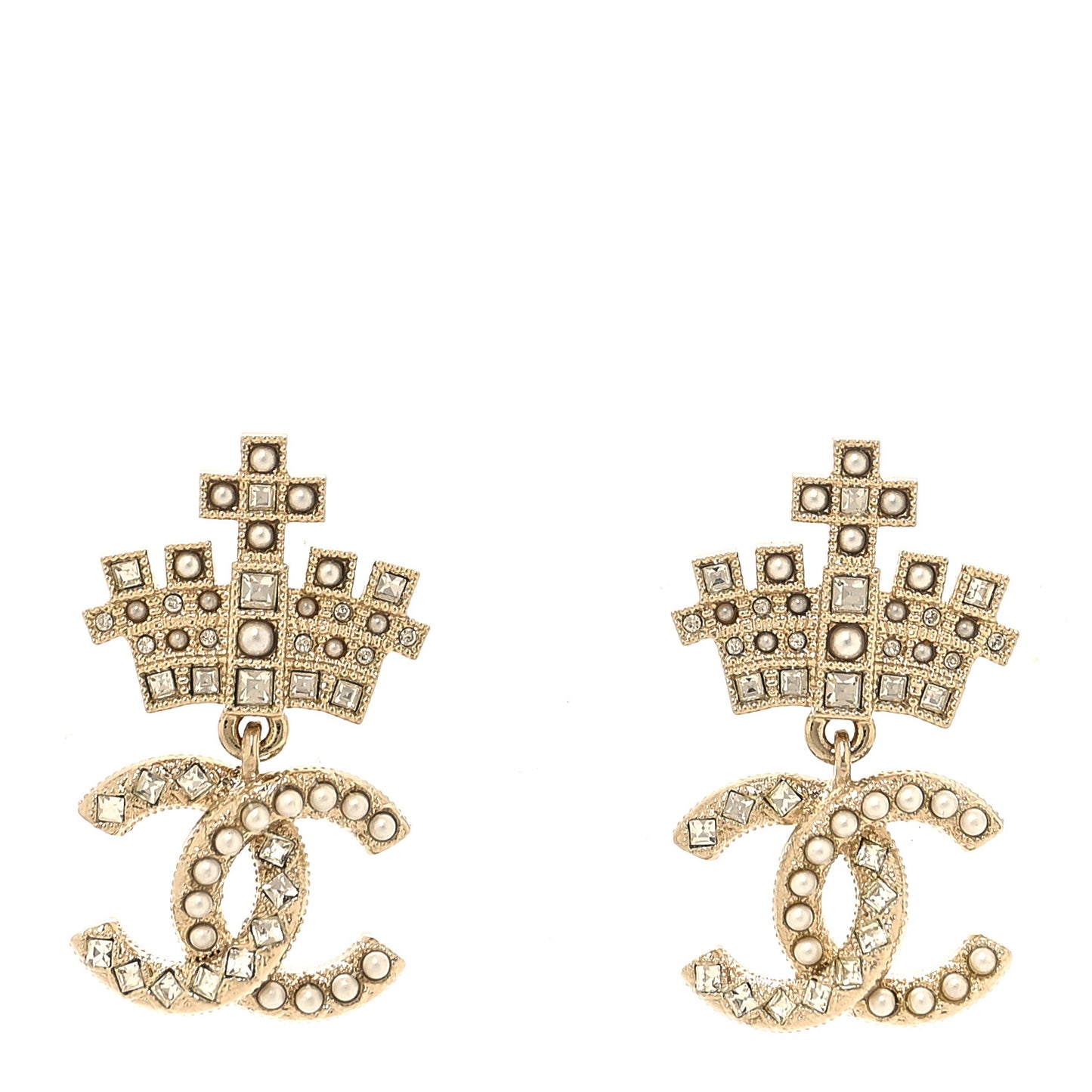 Crystal CC Crown Drop Earrings Gold