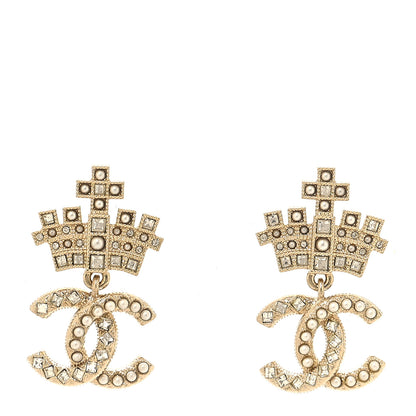 Chanel Crystal CC Crown Drop Earrings Gold 1 of 5