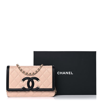 Chanel Caviar Quilted CC Filigree Wallet On Chain WOC Beige Black 13 of 13