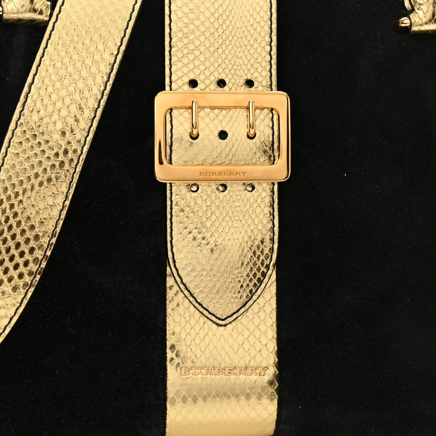 Burberry Suede Calfskin Watersnake Medium Buckle Tote Black Gold 7 of 9