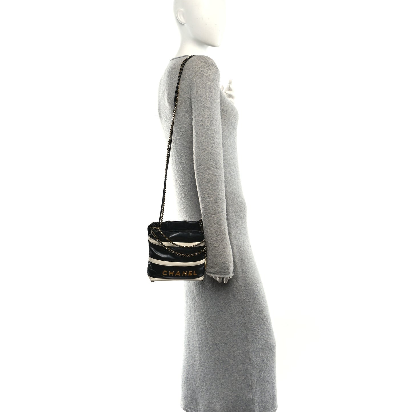 Shiny Calfskin Striped Mini Chanel 22 Black White