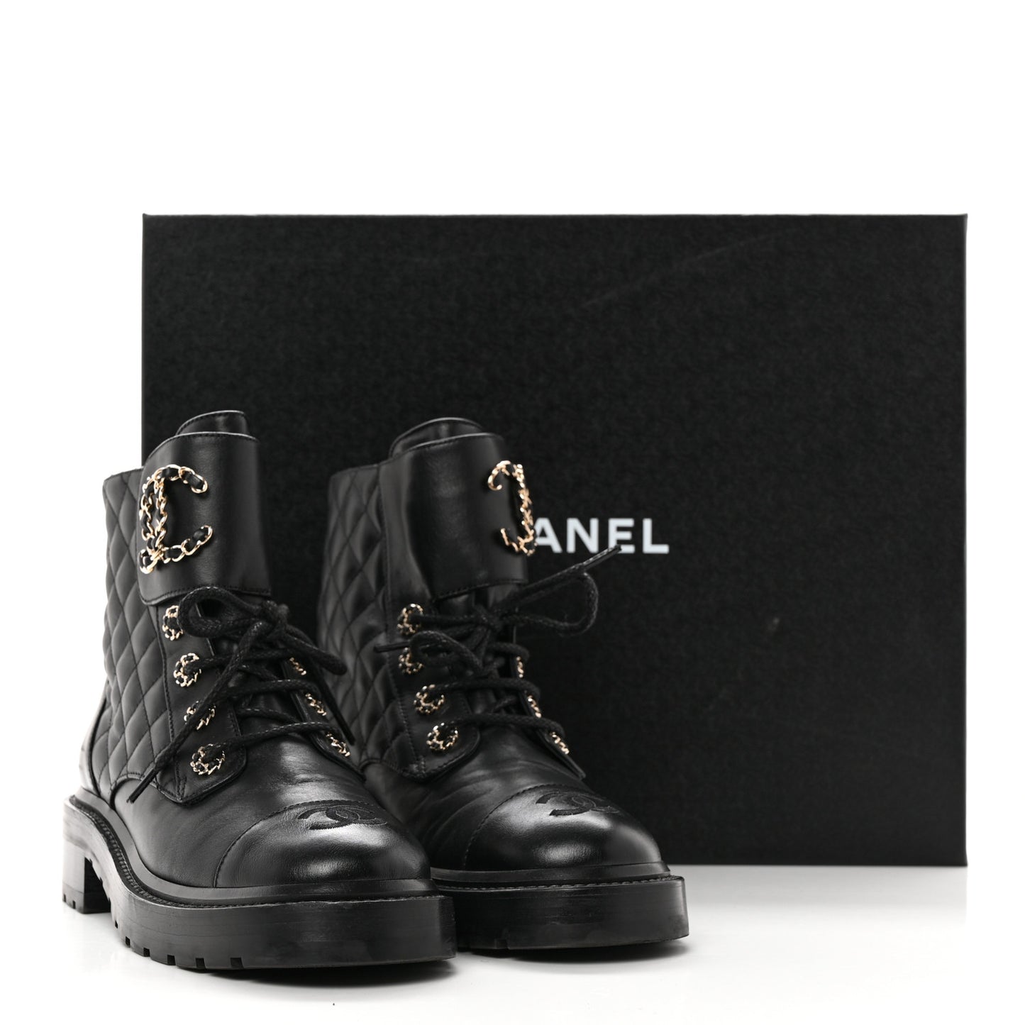 Shiny Lambskin Quilted Lace Up Combat Boots 37 Black