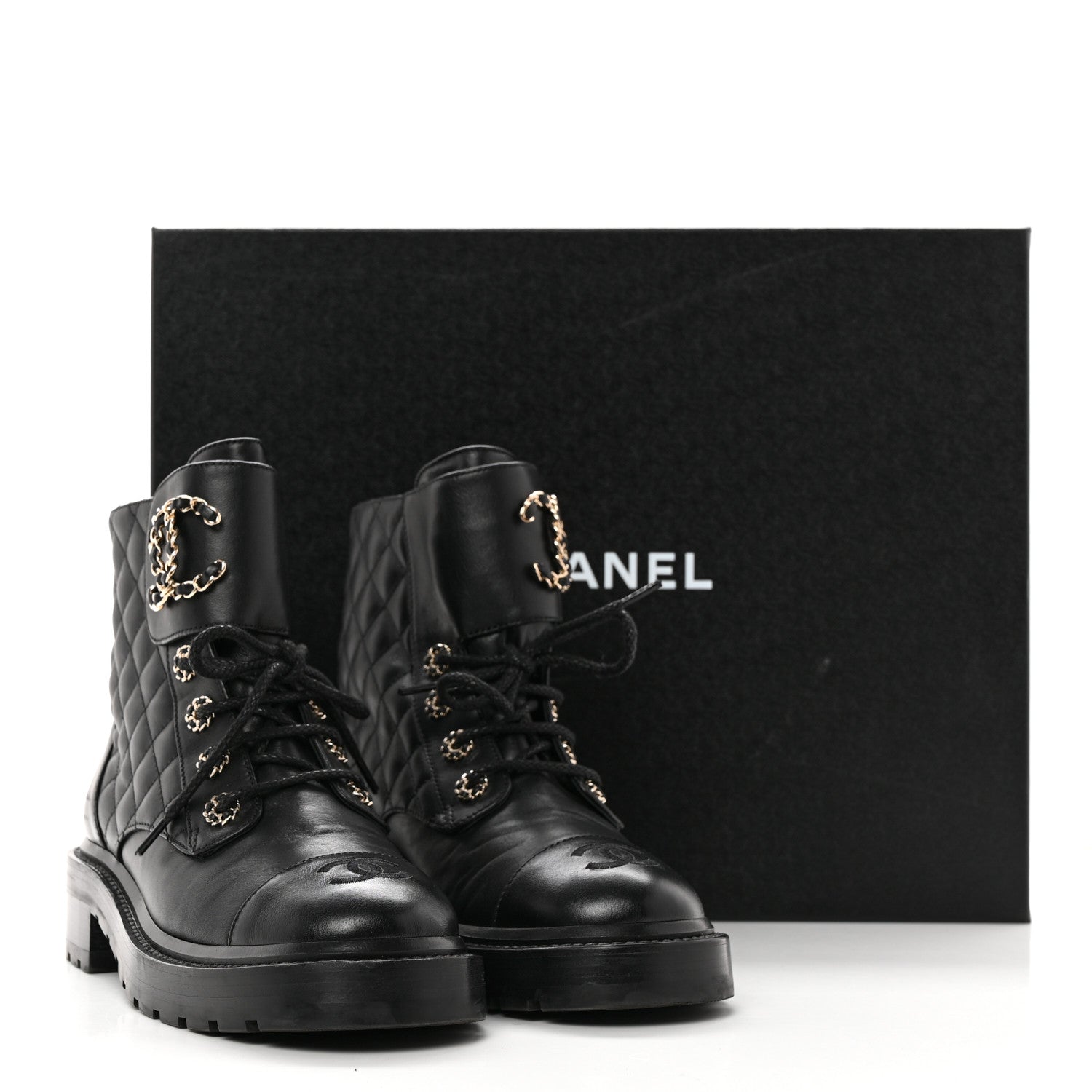 Chanel Shiny Lambskin Quilted Lace Up Combat Boots 37 Black 12 of 12