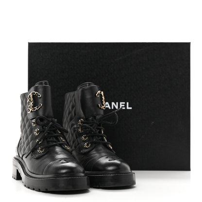 Chanel Shiny Lambskin Quilted Lace Up Combat Boots 37 Black 12 of 12
