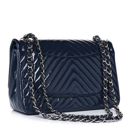 Chanel Patent Chevron Quilted Jumbo Double Flap Blue 3 of 11