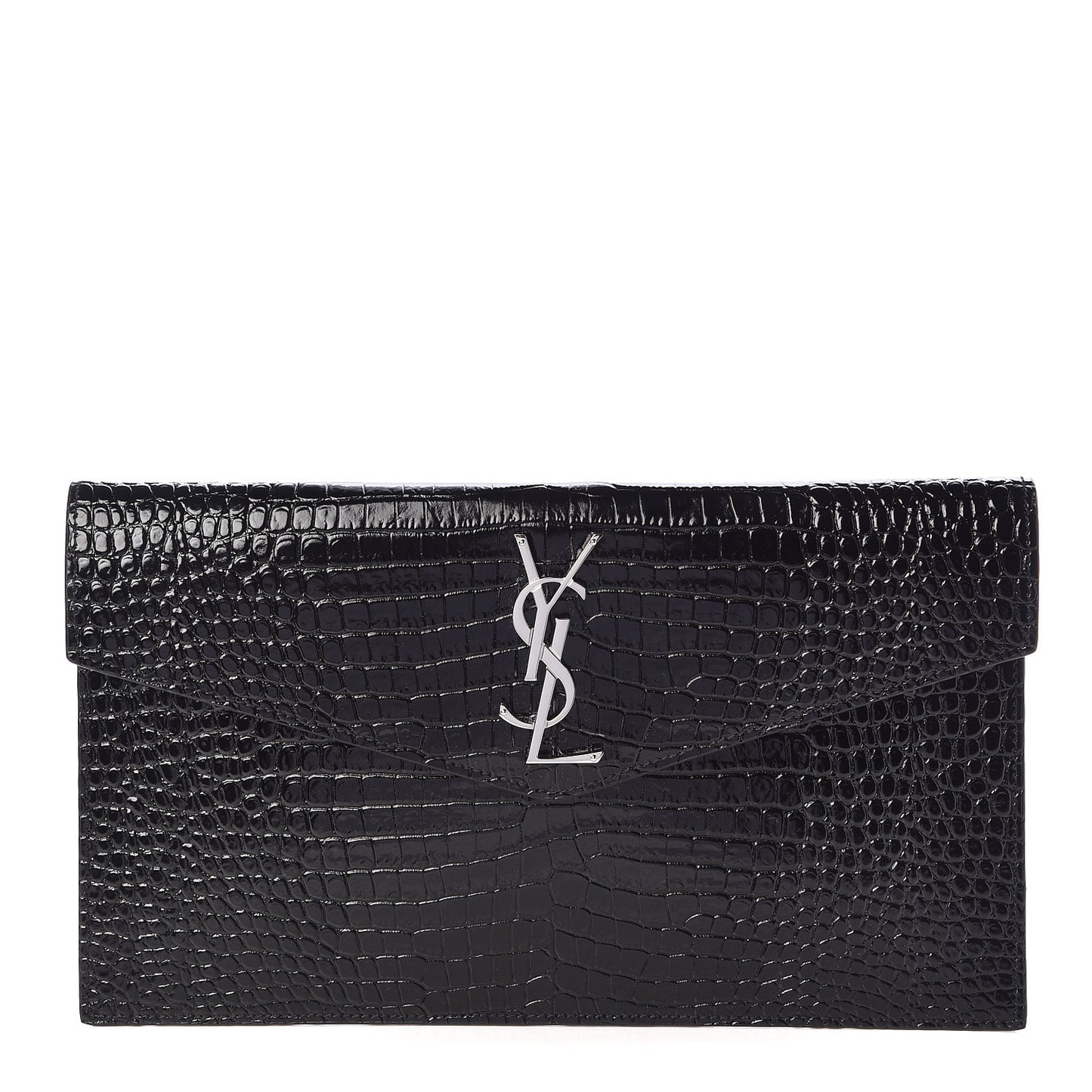 Calfskin Crocodile Embossed Uptown Monogram Clutch Black