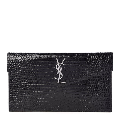 Saint Laurent Calfskin Crocodile Embossed Uptown Monogram Clutch Black 1 of 7