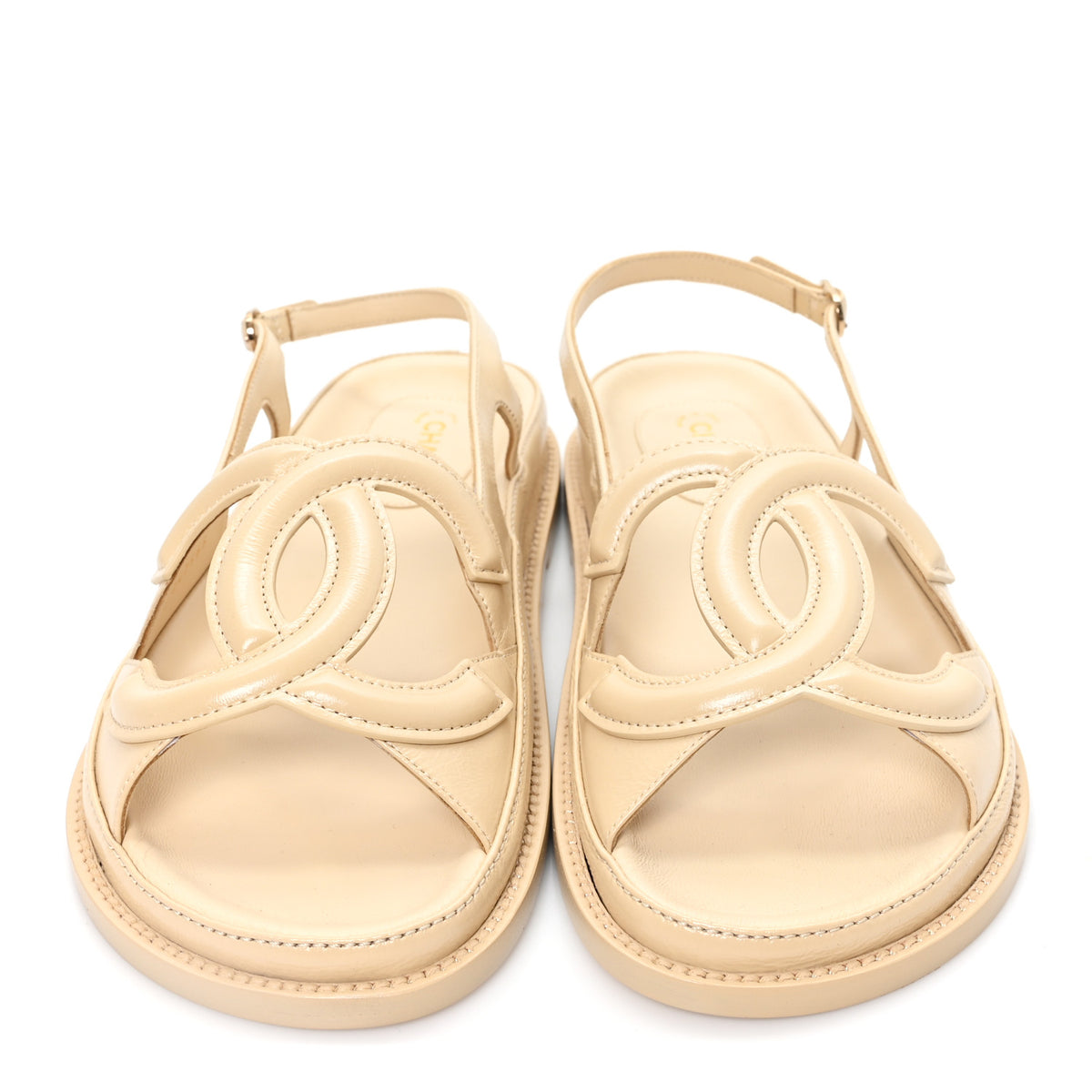 Chanel Crumpled Shiny Lambskin CC Cut Out Dad Sandals 40 Beige 3 of 10