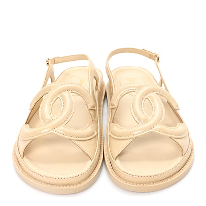 Chanel Crumpled Shiny Lambskin CC Cut Out Dad Sandals 40 Beige 3 of 10
