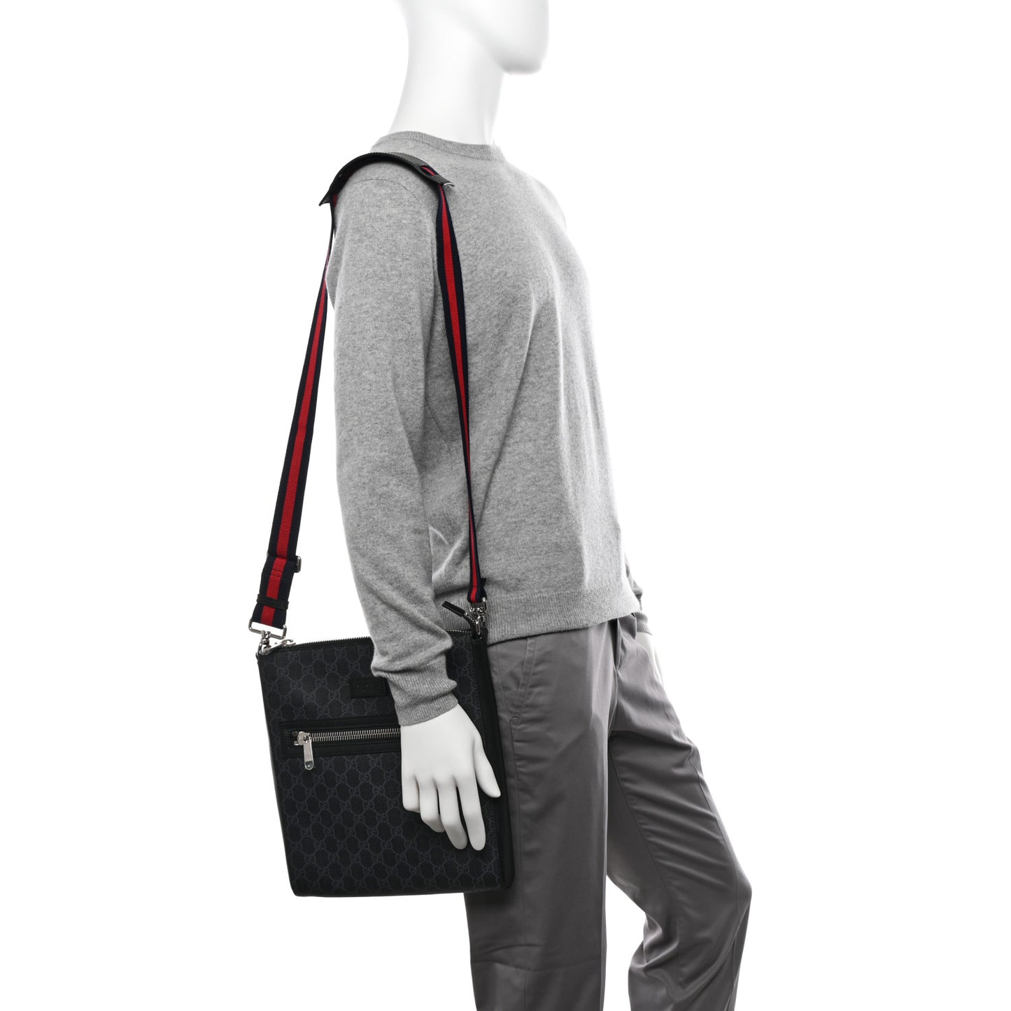 GG Supreme Monogram Appia Calfskin Web Flat Messenger Bag Black Grey