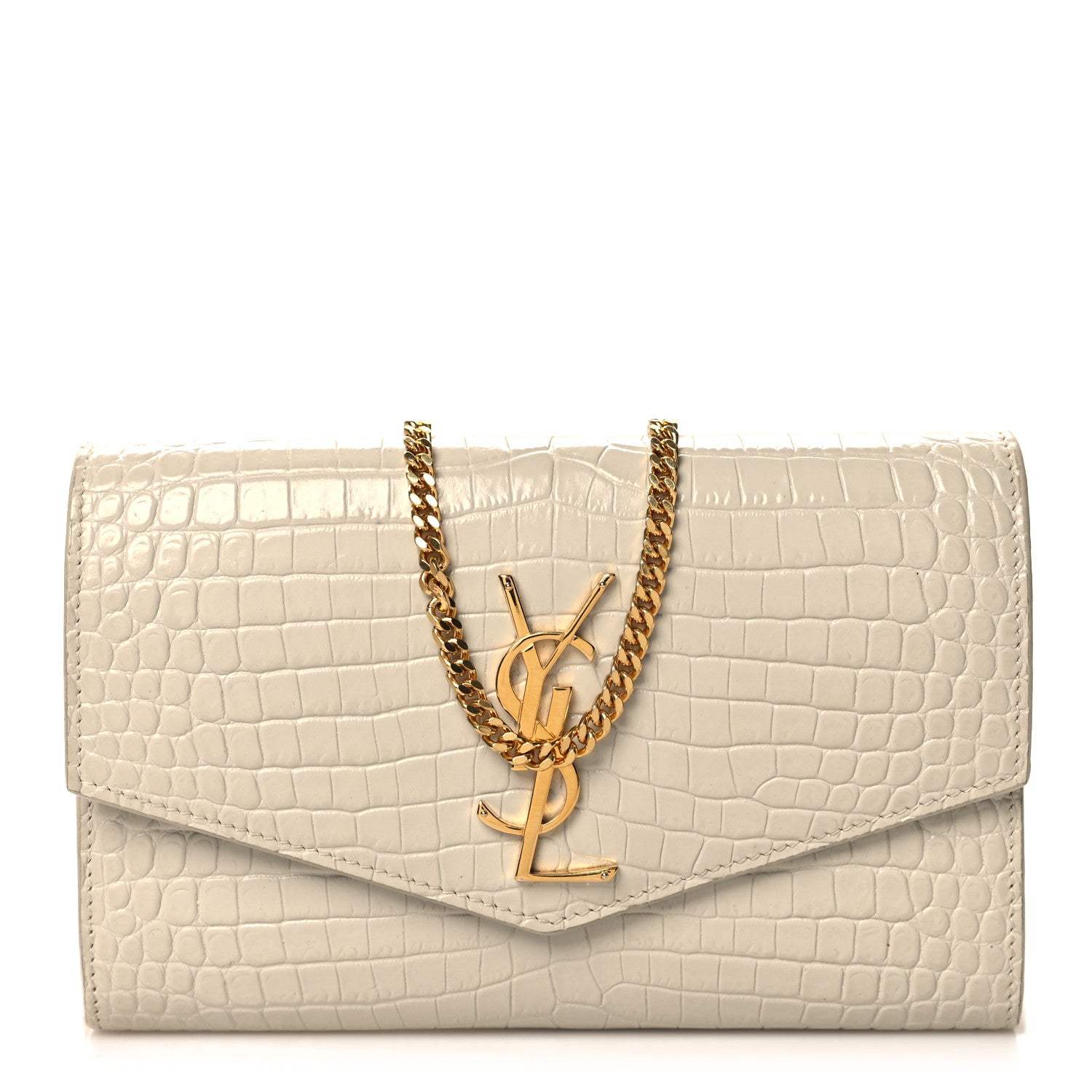 Saint Laurent Calfskin Crocodile Embossed Monogram Uptown Chain Wallet Crema Soft 1 of 11