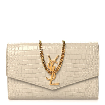 Saint Laurent Calfskin Crocodile Embossed Monogram Uptown Chain Wallet Crema Soft 1 of 11