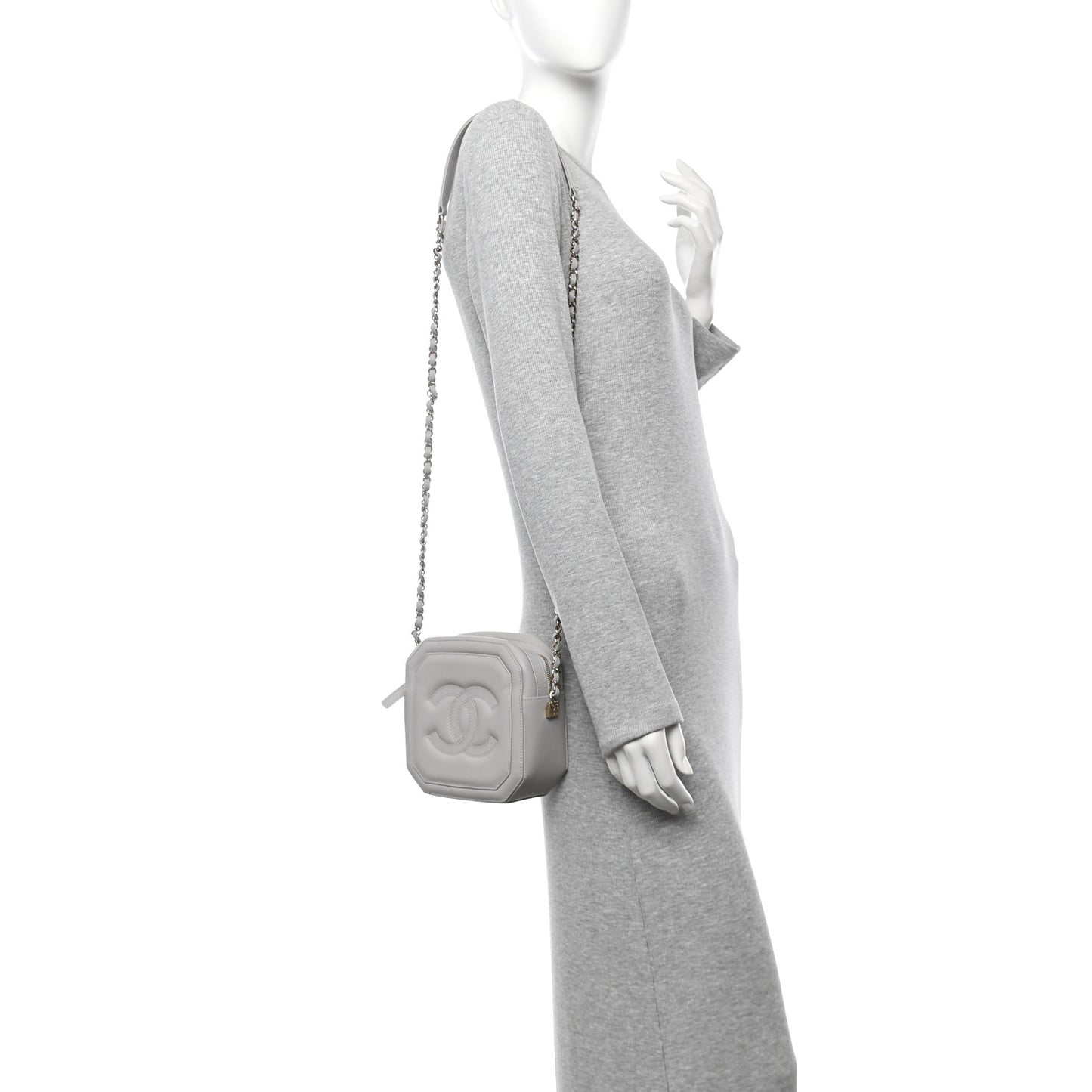 Calfskin Quilted CC Stitched Crossbody Camera Case Light Grey