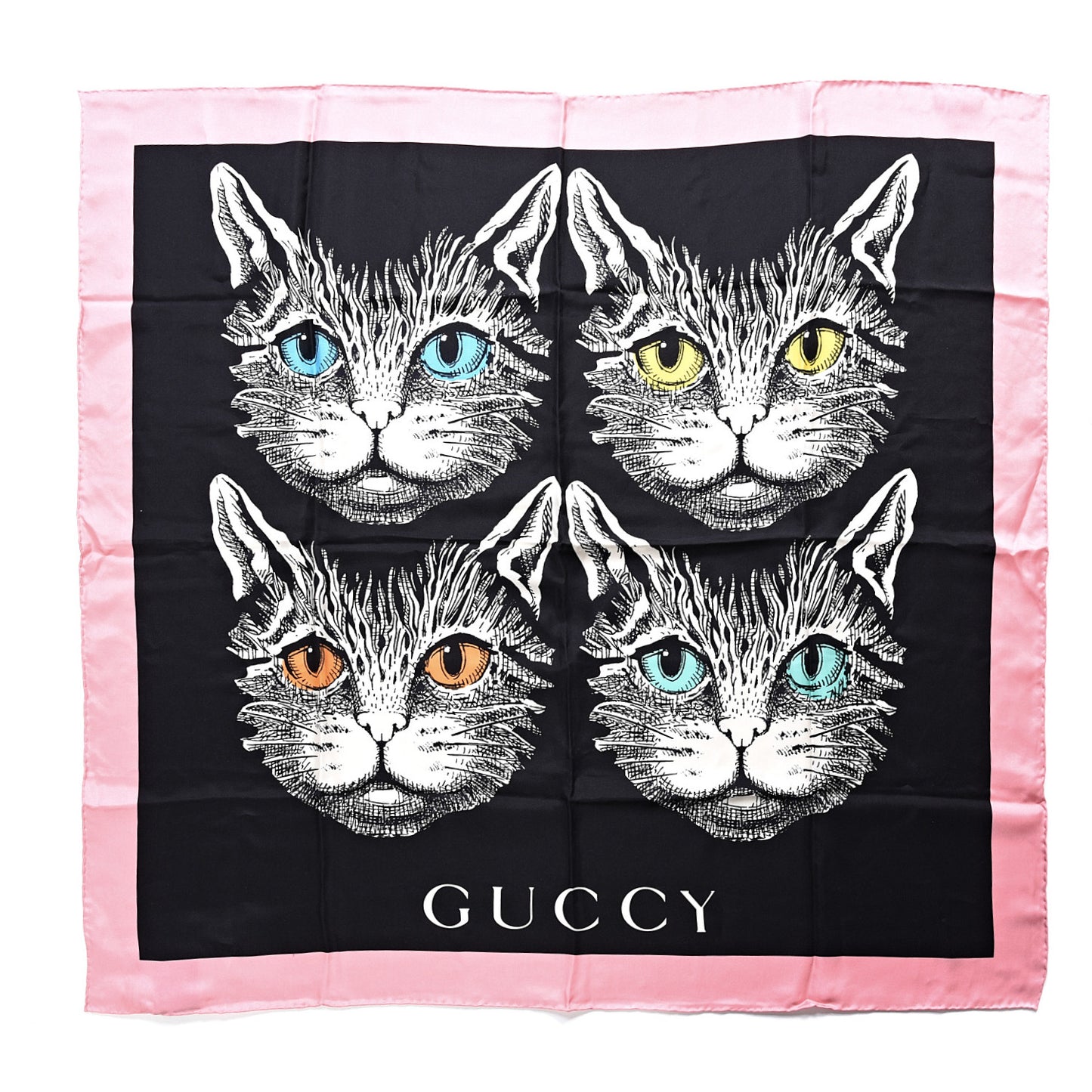 Silk Mystic Cat Square Scarf Black
