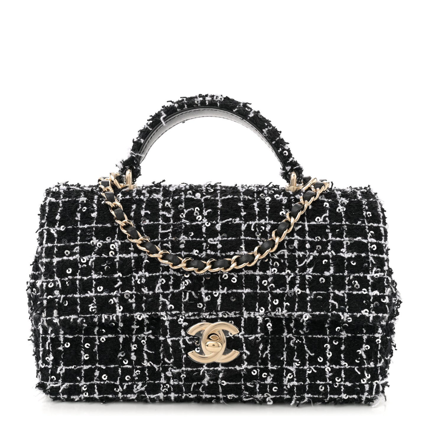 Tweed Quilted Mini Top Handle Rectangular Flap Black White