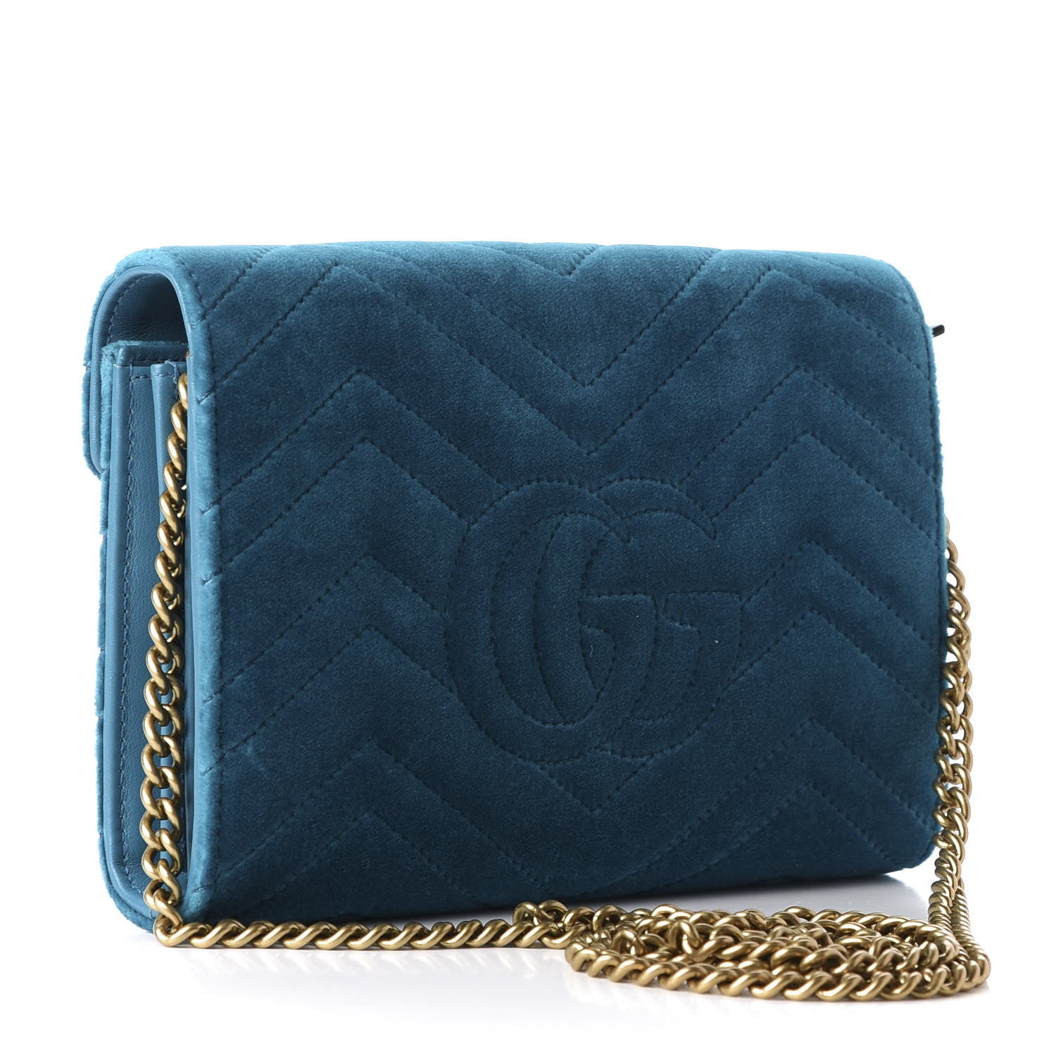 Gucci Velvet Matelasse GG Marmont Chain Wallet Pavone Cyan 3 of 9