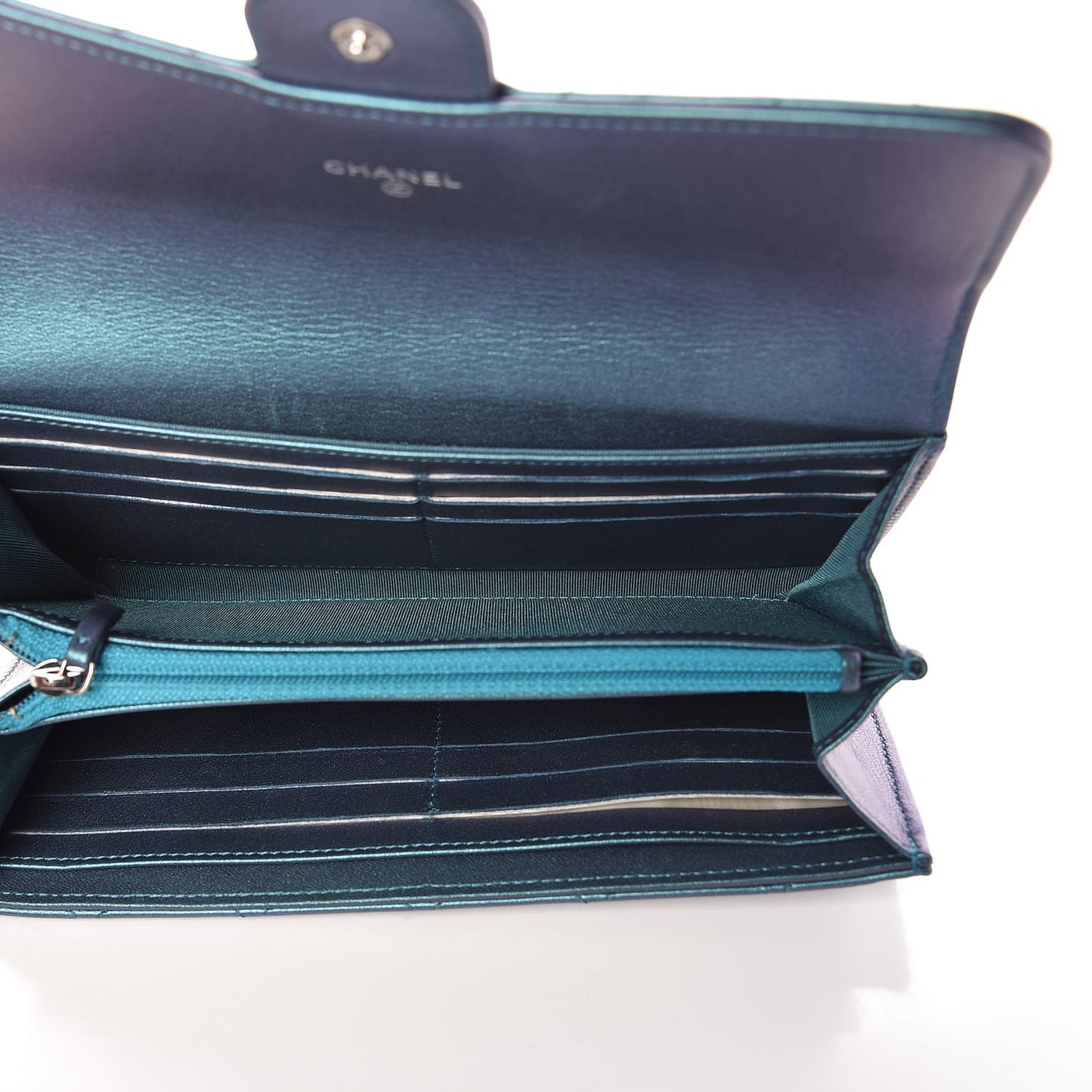 Metallic Lambskin Quilted Large Gusset Flap Wallet Turquoise