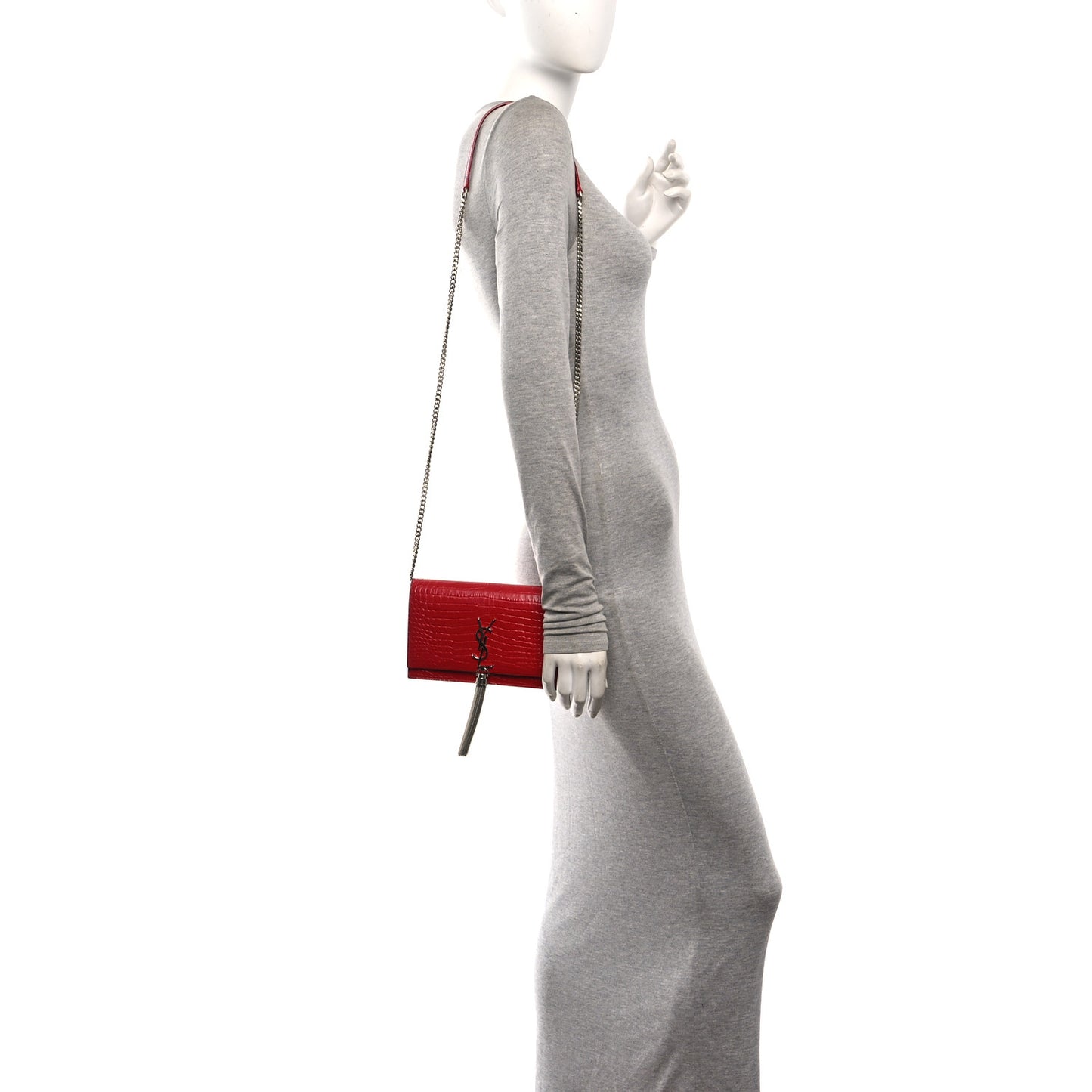 Calfskin Crocodile Embossed Kate Monogram Tassel Chain Wallet Rouge Eros