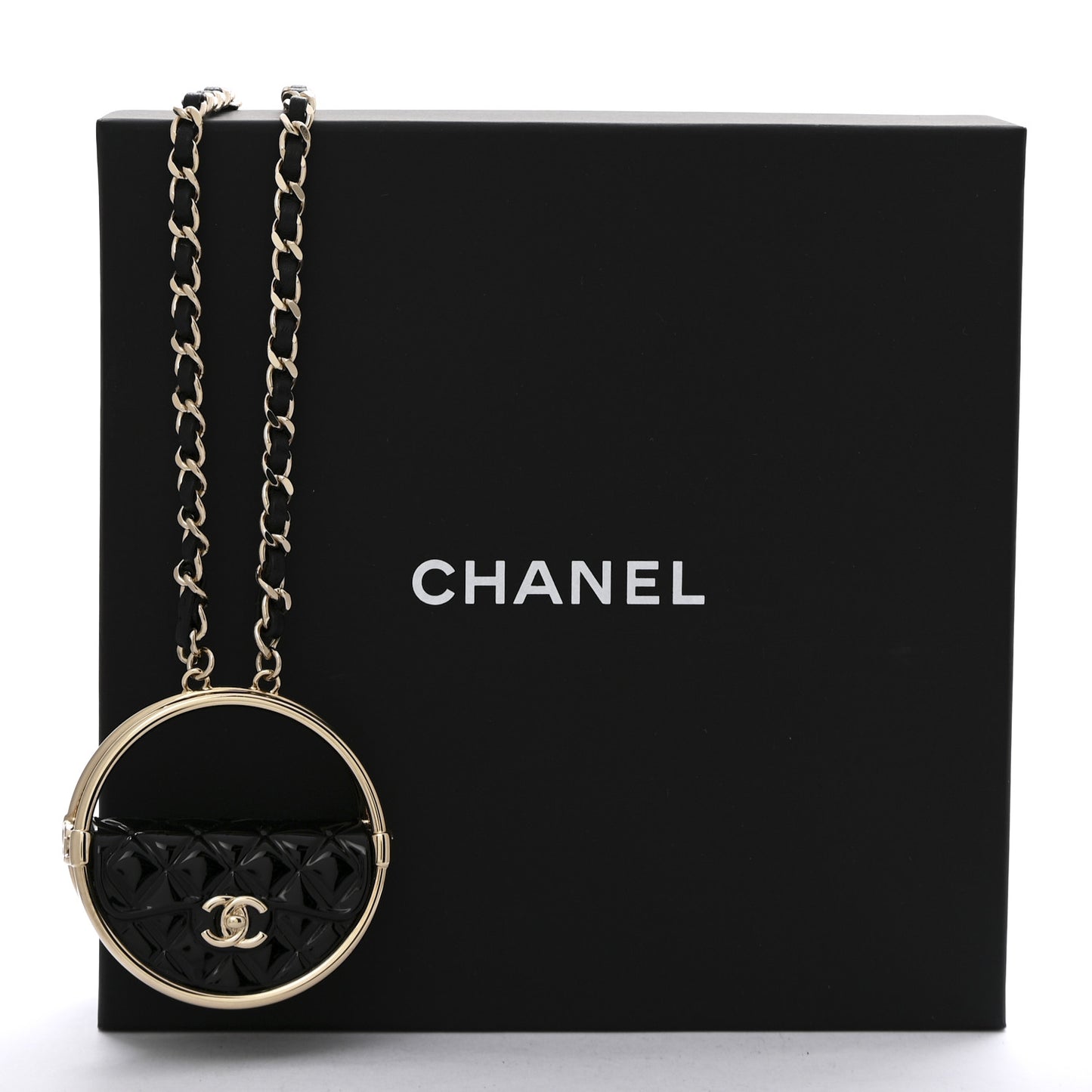 Metal Resin Quilted Flap Bag Hoop Mirror Necklace Black Gold