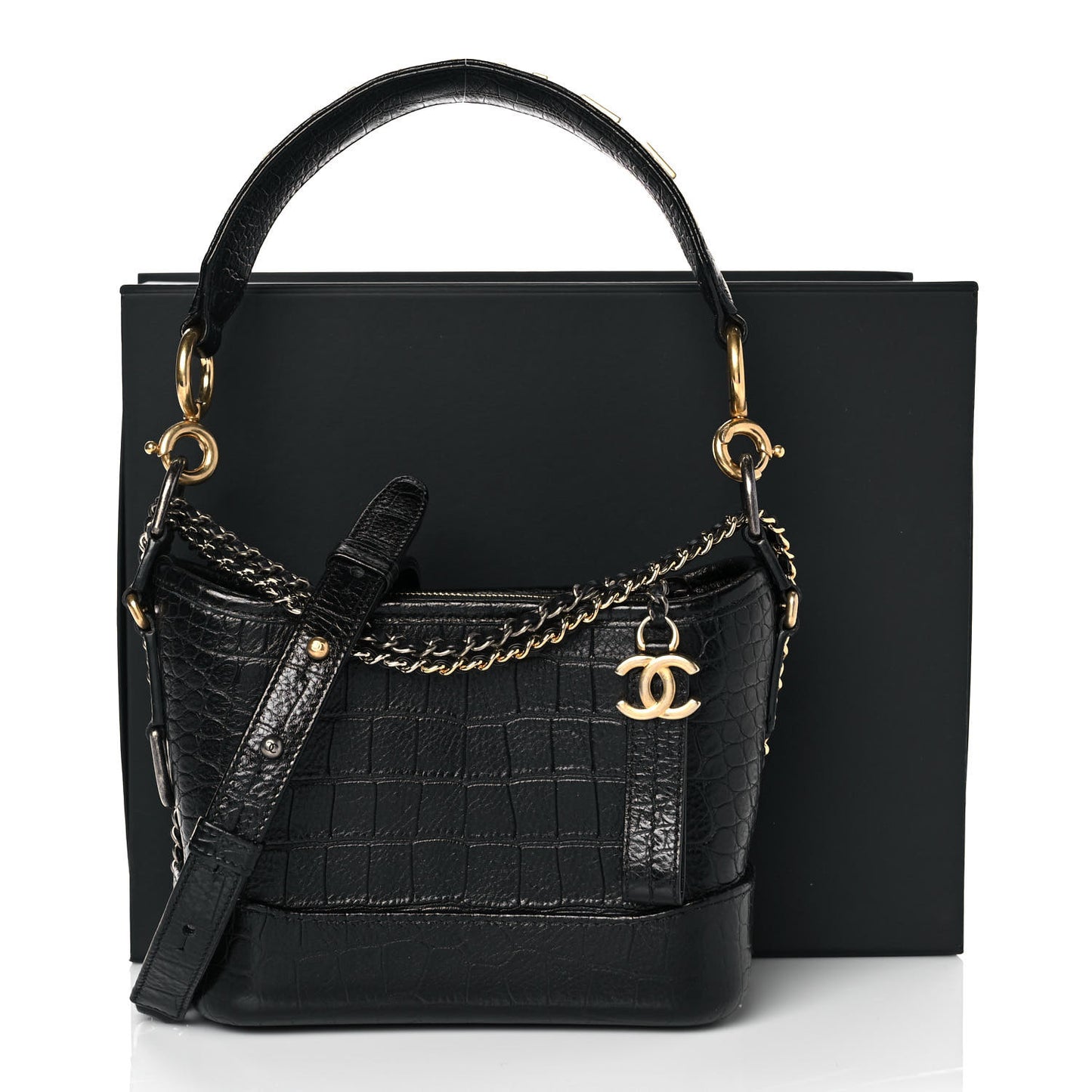 Calfskin Crocodile Embossed Small Gabrielle Cocodile Hobo Black