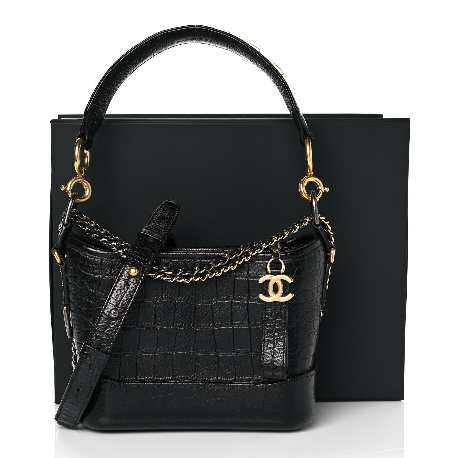 Chanel Calfskin Crocodile Embossed Small Gabrielle Cocodile Hobo Black 10 of 10
