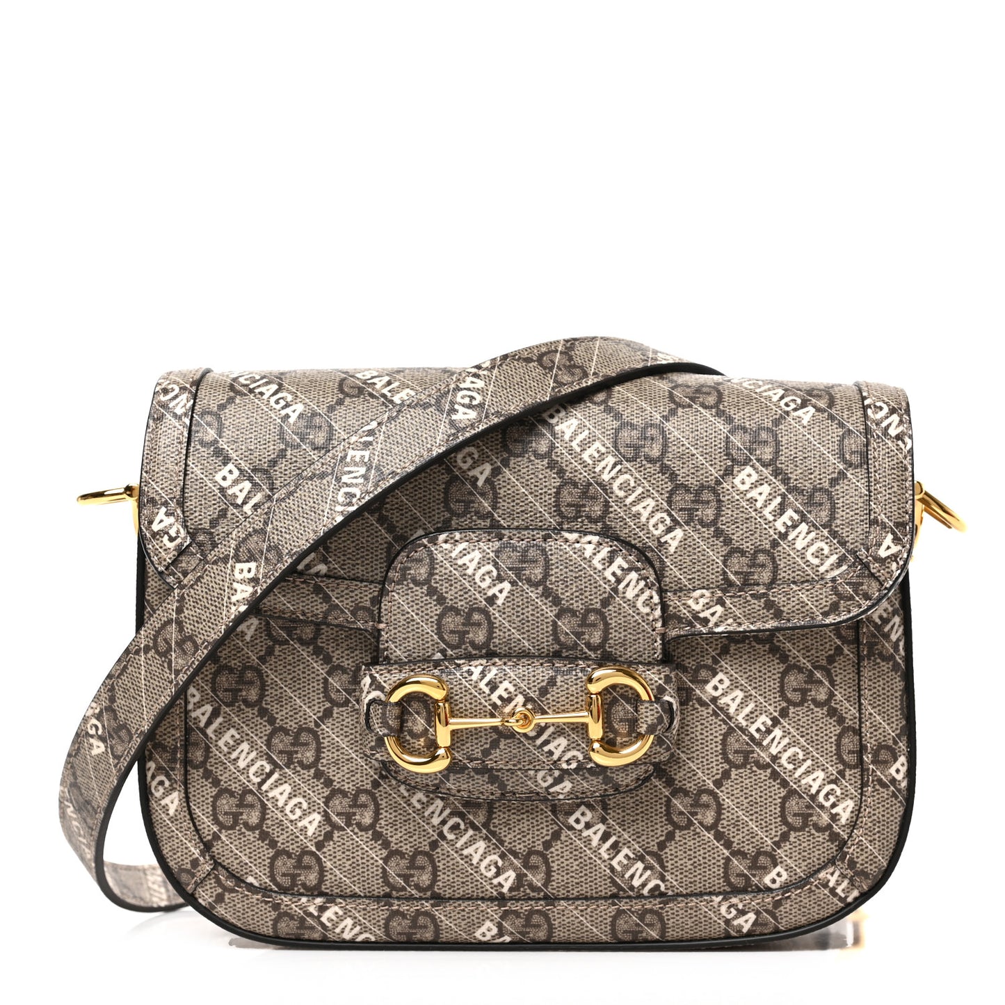 X BALENCIAGA GG Supreme Monogram Web Logo Print Mini Horsebit 1955 Shoulder Bag Beige Ebony