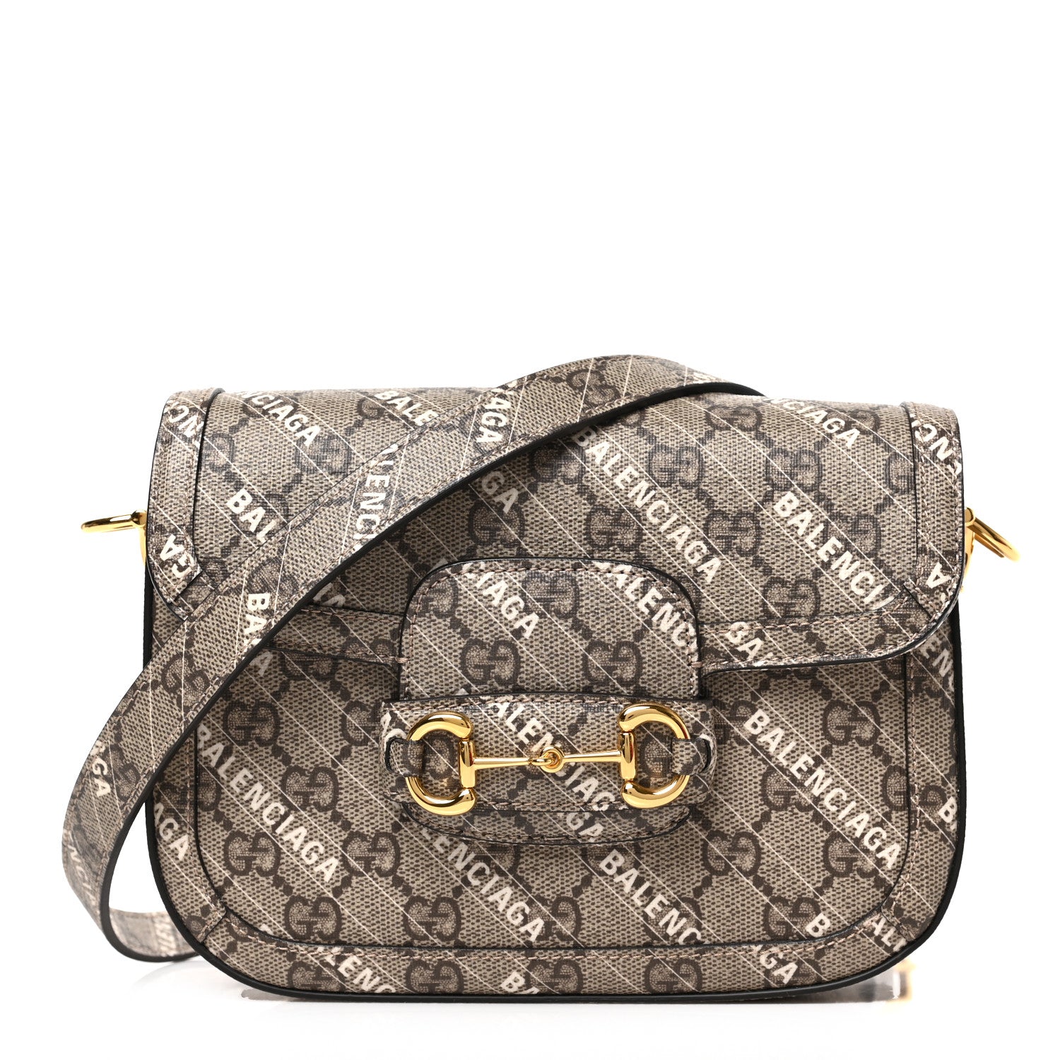 Gucci X BALENCIAGA GG Supreme Monogram Web Logo Print Mini Horsebit 1955 Shoulder Bag Beige Ebony 1 of 9