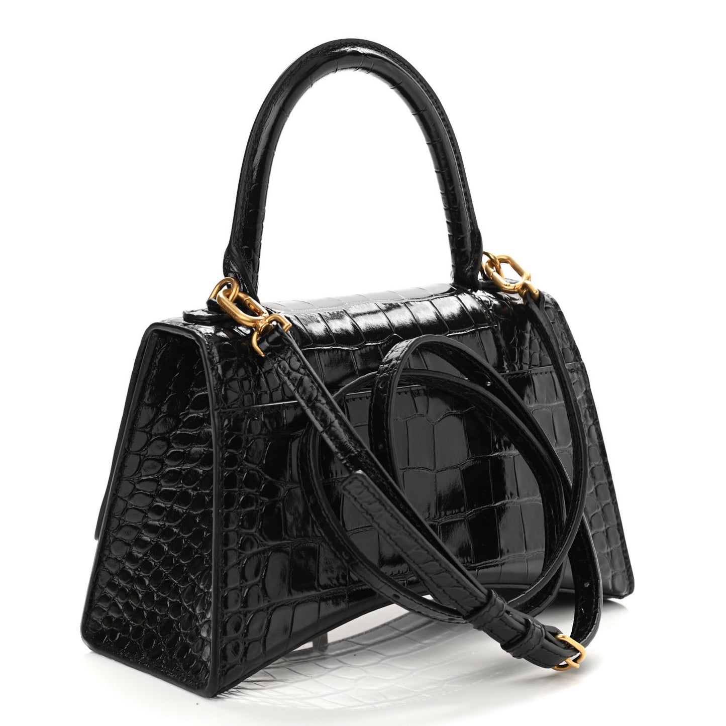 Shiny Calfskin Crocodile Embossed Small Hourglass Top Handle Bag Black