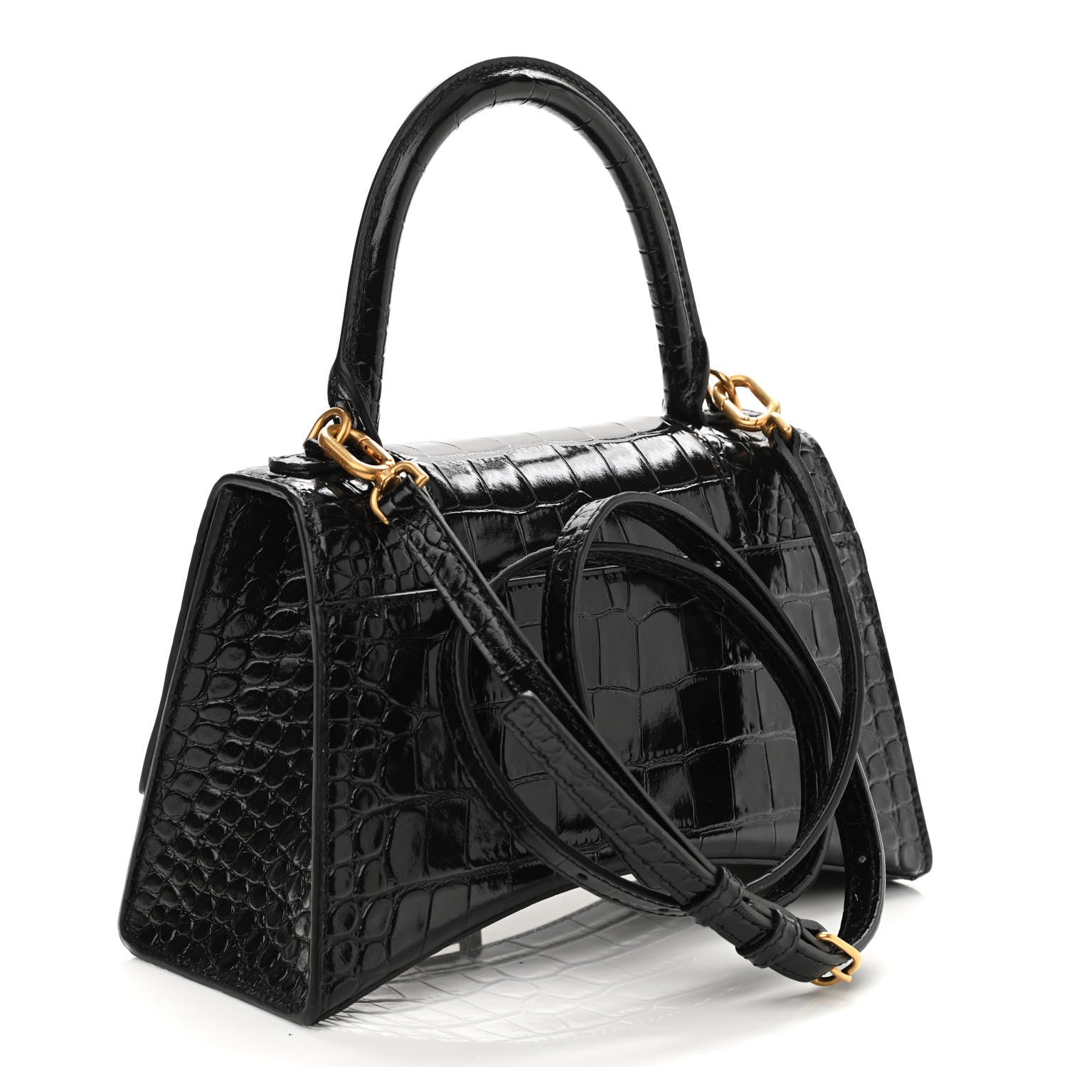 Balenciaga Shiny Calfskin Crocodile Embossed Small Hourglass Top Handle Bag Black 3 of 10